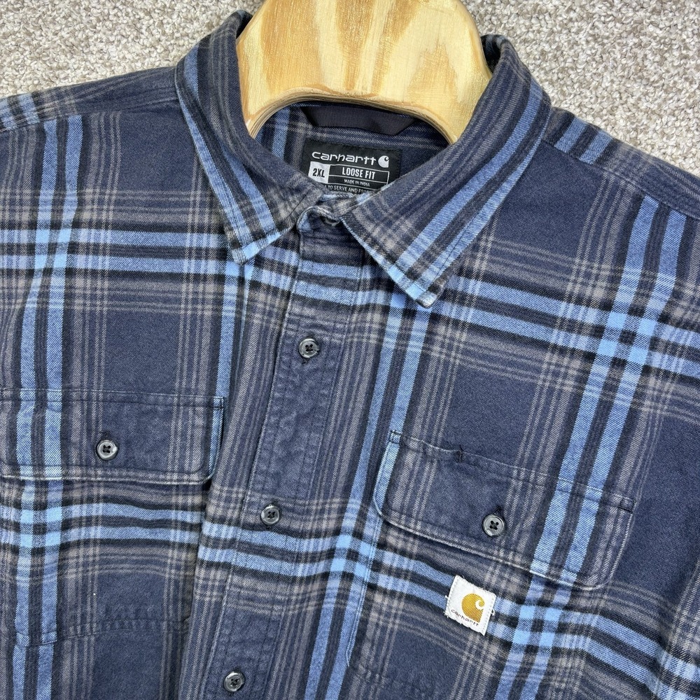 Carhartt Mens 2XL Blue Plaid Relaxed Fit Flannel Work Shirt TW4451-M